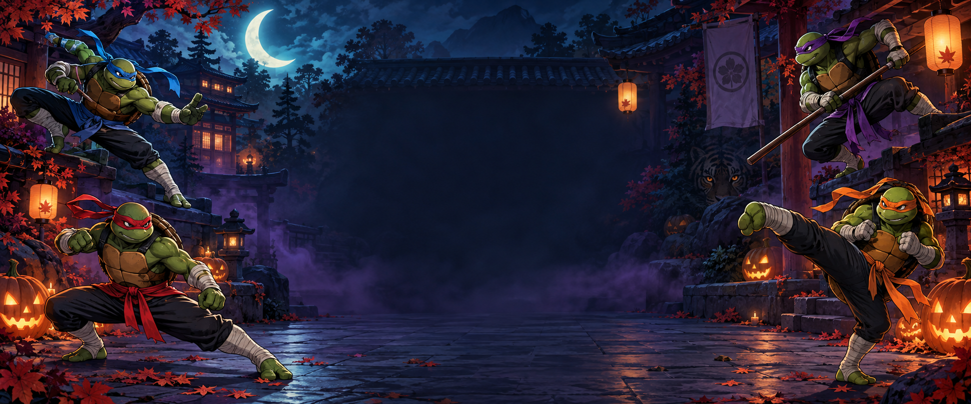 Four turtle ninjas in a moonlit Halloween dojo with pumpkins and a tiger hiding in the foliage
