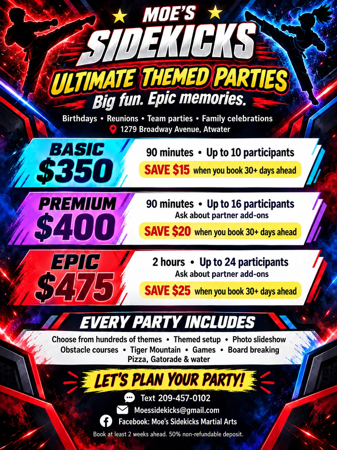 Sidekicks Ultimate Themed Parties poster. All package prices, activities and booking details are also listed below.